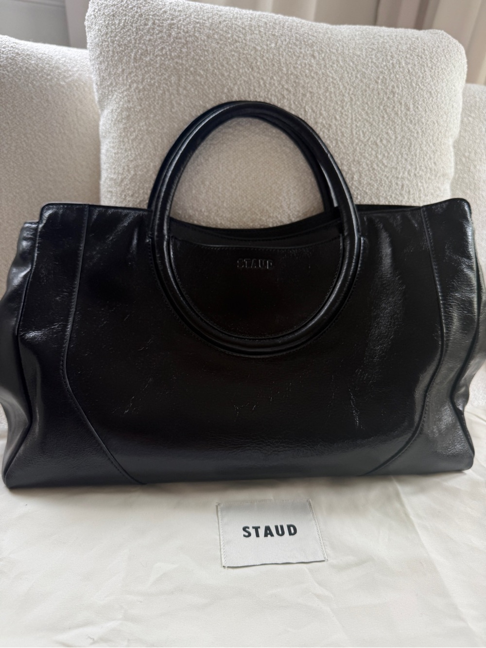 STAUD Black Leather Tote with Circular Handles